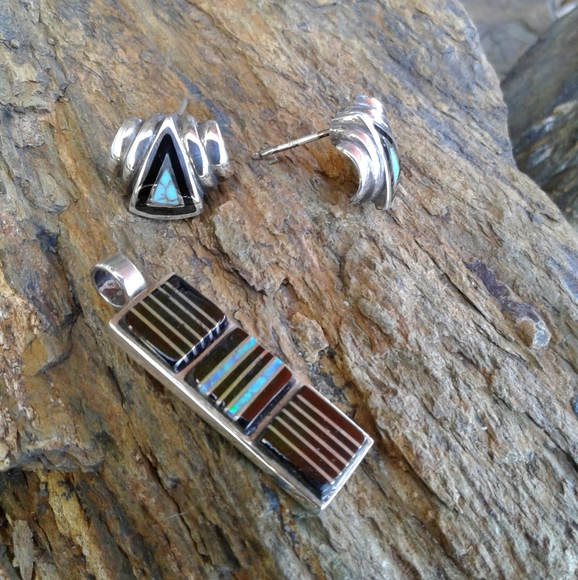 Sterling Silver Black Onyx inlaid pendant SET - Picture 5 of 6